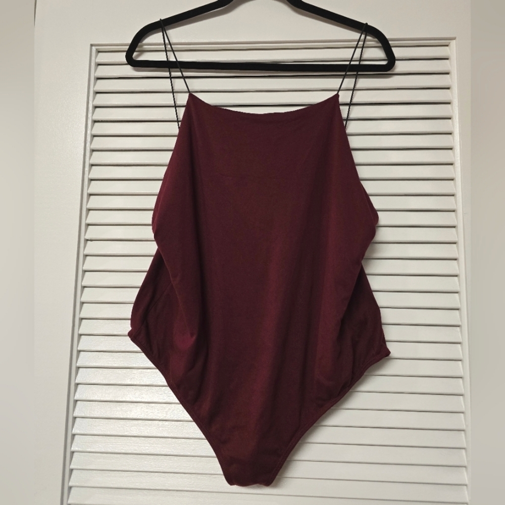 (Plus Size) Red & Black Sleeveless Bodysuit With Elastic Straps & Snap Enclosure